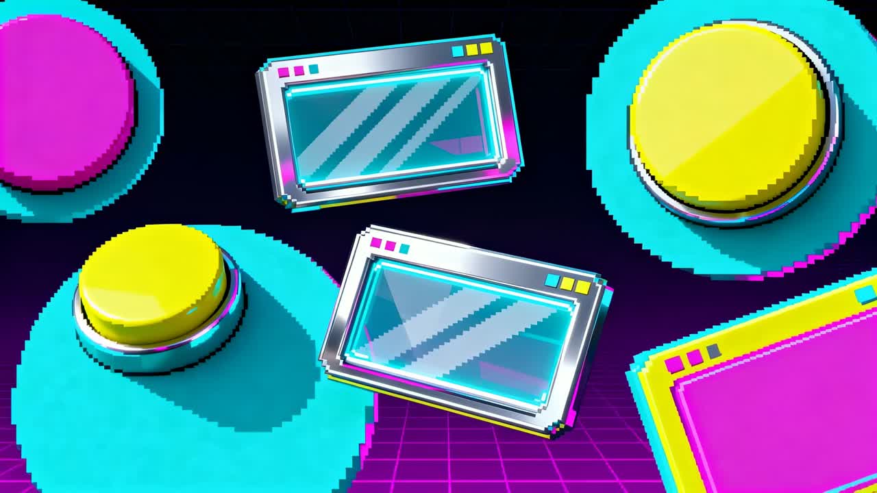 Rotating cluster of chrome windows, round buttons shifting on magenta grid, simulating moving light