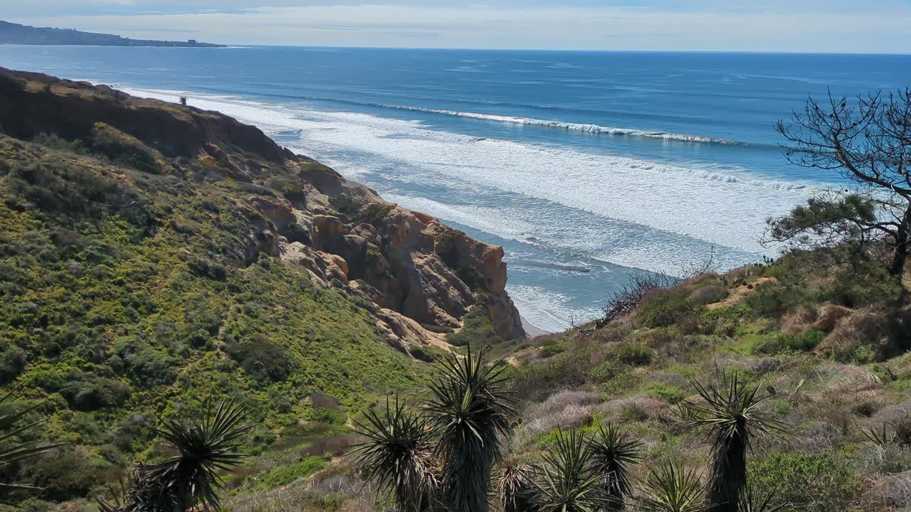 Vista mozzafiato di un sentiero escursionistico panoramico a picco sulla scogliera che si affaccia sulle onde impetuose dell'oceano a Torrey Pines, California