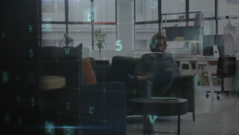 animation of hacking texts over caucasian businessman using smartphone