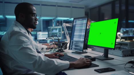 instalación electrónica moderna: científico, ingeniero trabaja en la pantalla de tecla de croma verde de la computadora. diseño, desarrollo de pcb industriales, microchips de silicio, semiconductores, equipos de telecomunicaciones