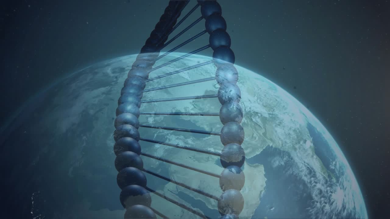 Light source emerging behind DNA helix lighting spheres as camera orbiting globe revealing terrain