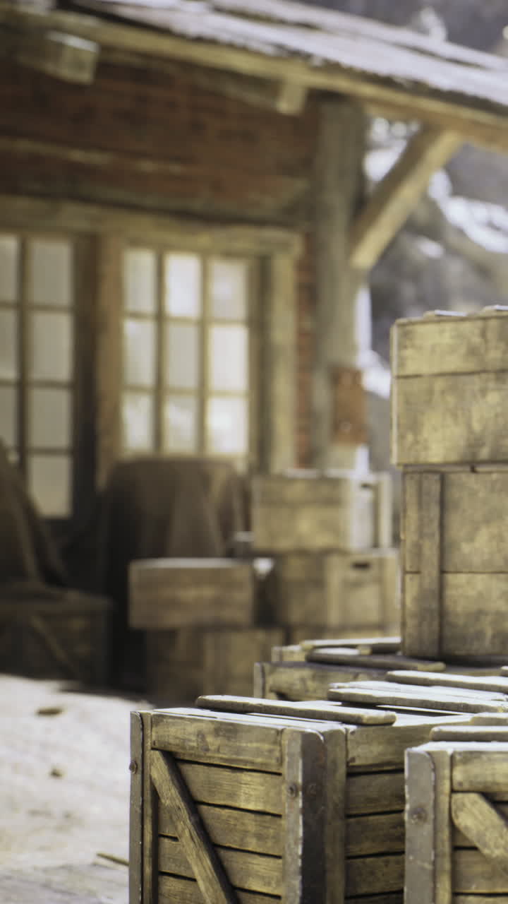Weathered wooden crates are stacked in a dimly lit workshop