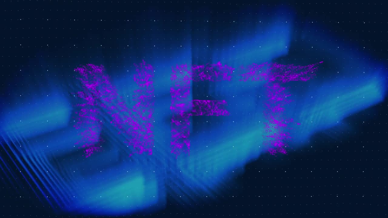 Animation of snow falling over glowing purple music equalizer