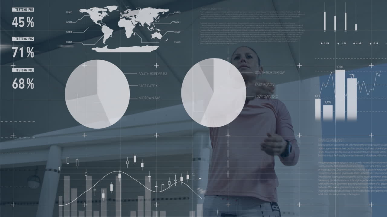 Animazione di elaborazione dati finanziari su una donna caucasica che fa stretching.
