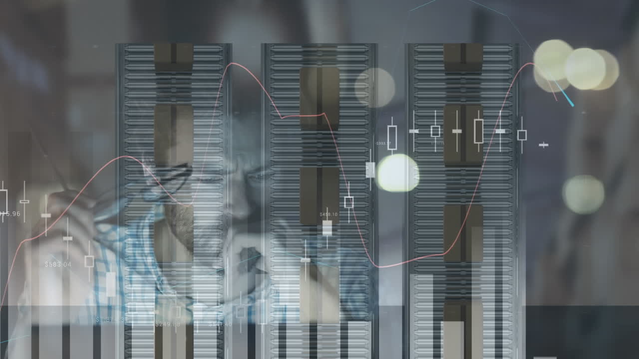 animación del procesamiento de estadísticas sobre el hombre utilizando computadoras y cajas de cartón en cintas transportadoras