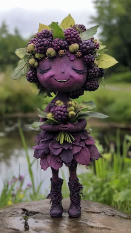 whimsical purple berry figurine surrounded by beautiful nature all around it to enjoy