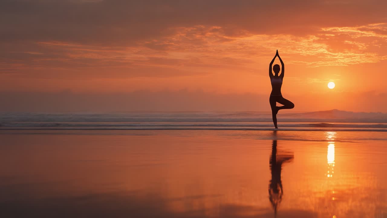 Una serena silhouette di una persona che pratica yoga al tramonto, che si riflette sulle calme acque dell'oceano, incarnando tranquillità e connessione con la natura in un ambiente pittoresco