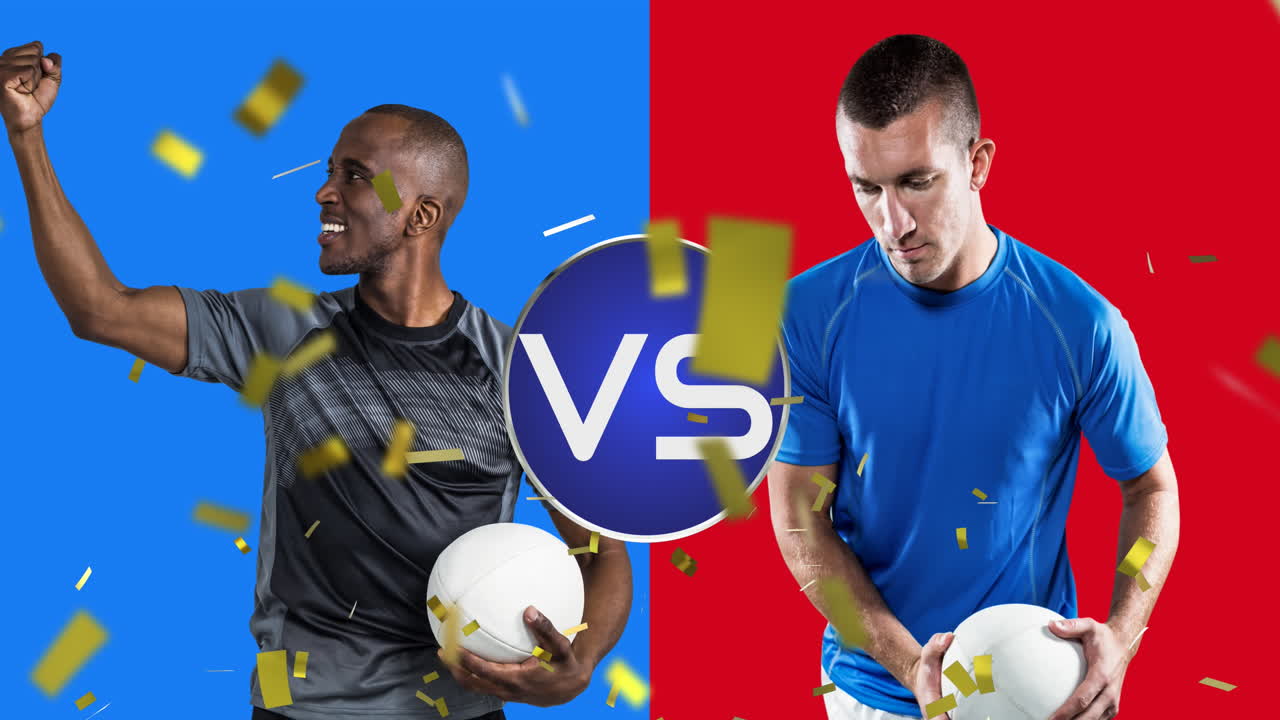 두 명의 다양한 남성 럭비 선수가 공을 가지고 있는 콘페티와 vs 텍스트의 애니메이션