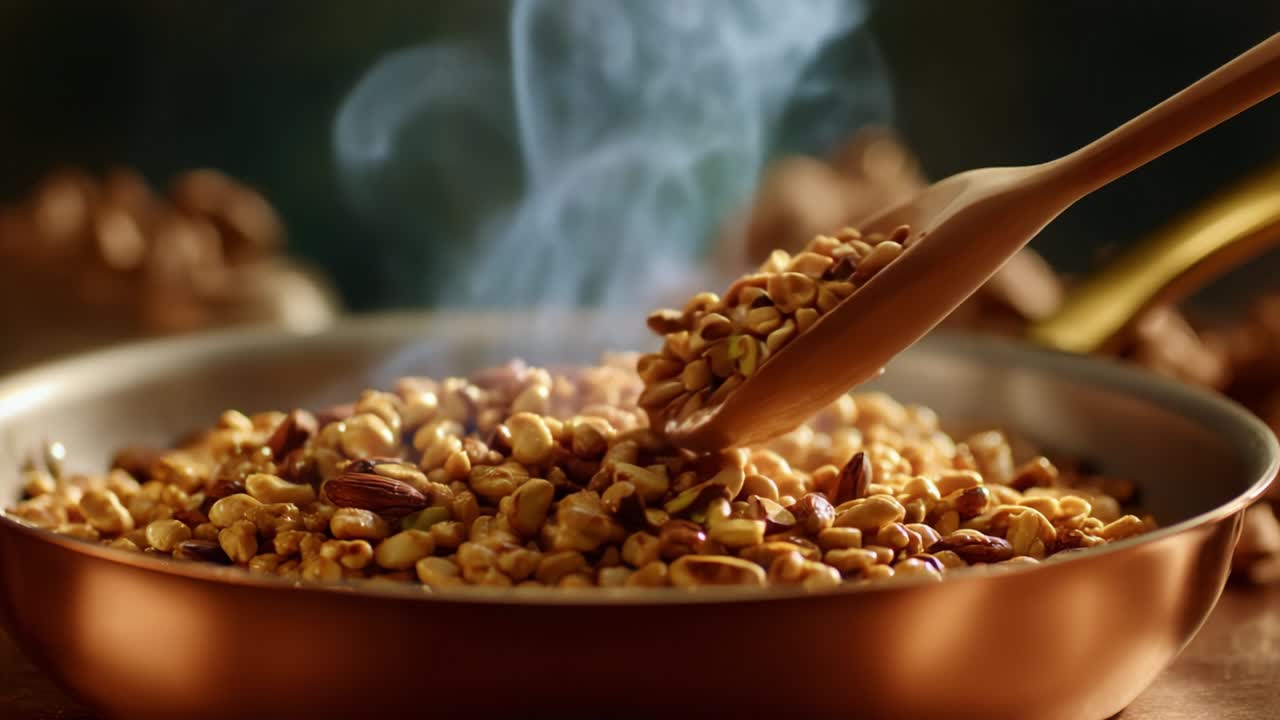 Sizzling Nut Medley: An Exquisite Close-Up of Lightly Toasted Nuts in a Pan, Emitting Delicate Steam, Showcasing Their Crunchy Texture and Golden Color, Perfect for Culinary Delight and Snack Time