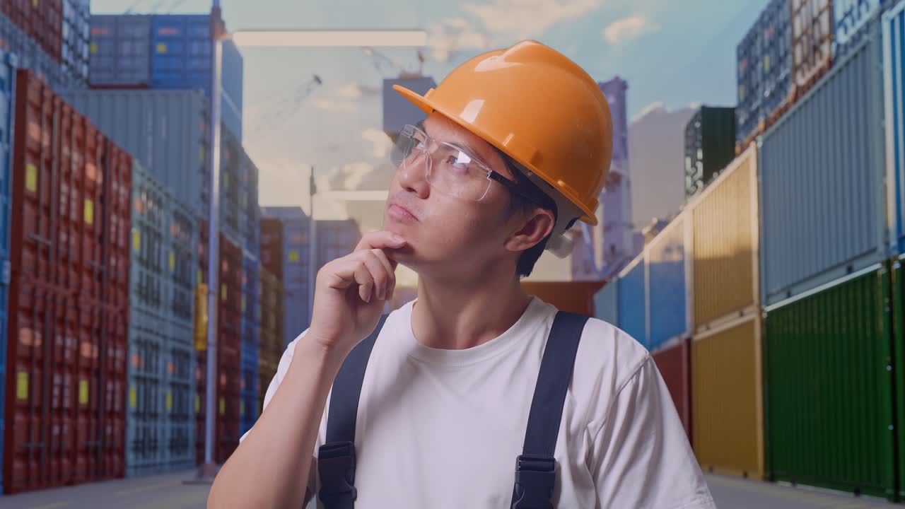 Close Up Of Asian Man Worker Wearing Goggles And Safety Helmet Thinking About Something And Looking Around While Standing At Container Yard Warehouse