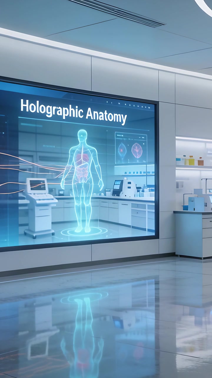 Lodret video: Hånd bevæger sig mod et anatomi-hologram i et laboratorium, inspicerer organer og skaber partikler.