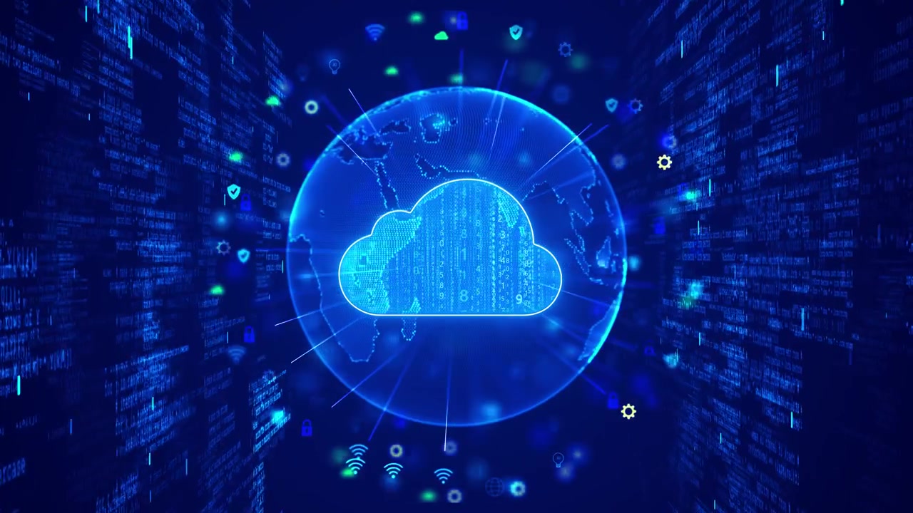Blue cloud data center visual with global earth sphere floating icons code panels and secure network