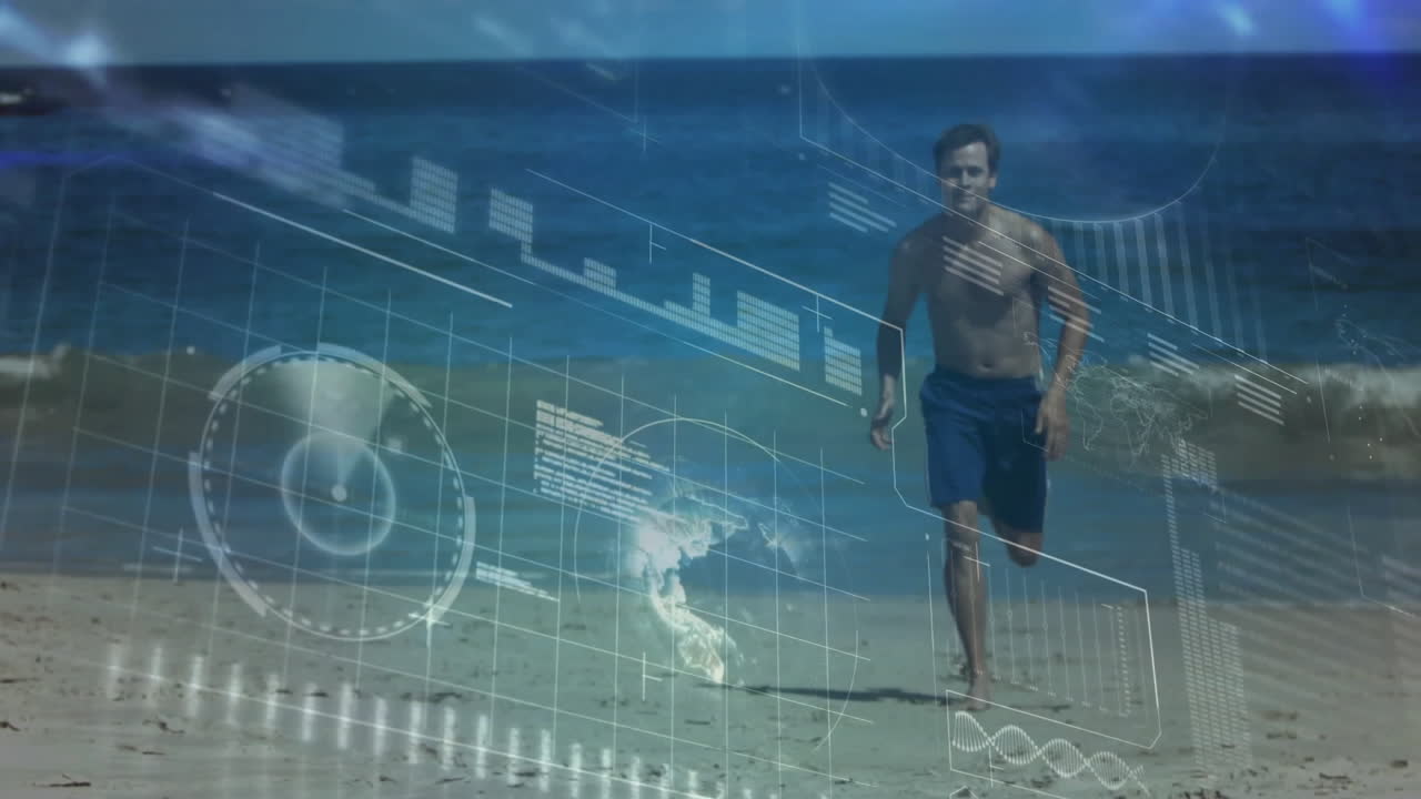 animación de procesamiento de datos y diagramas sobre el hombre caucásico corriendo en la orilla del mar
