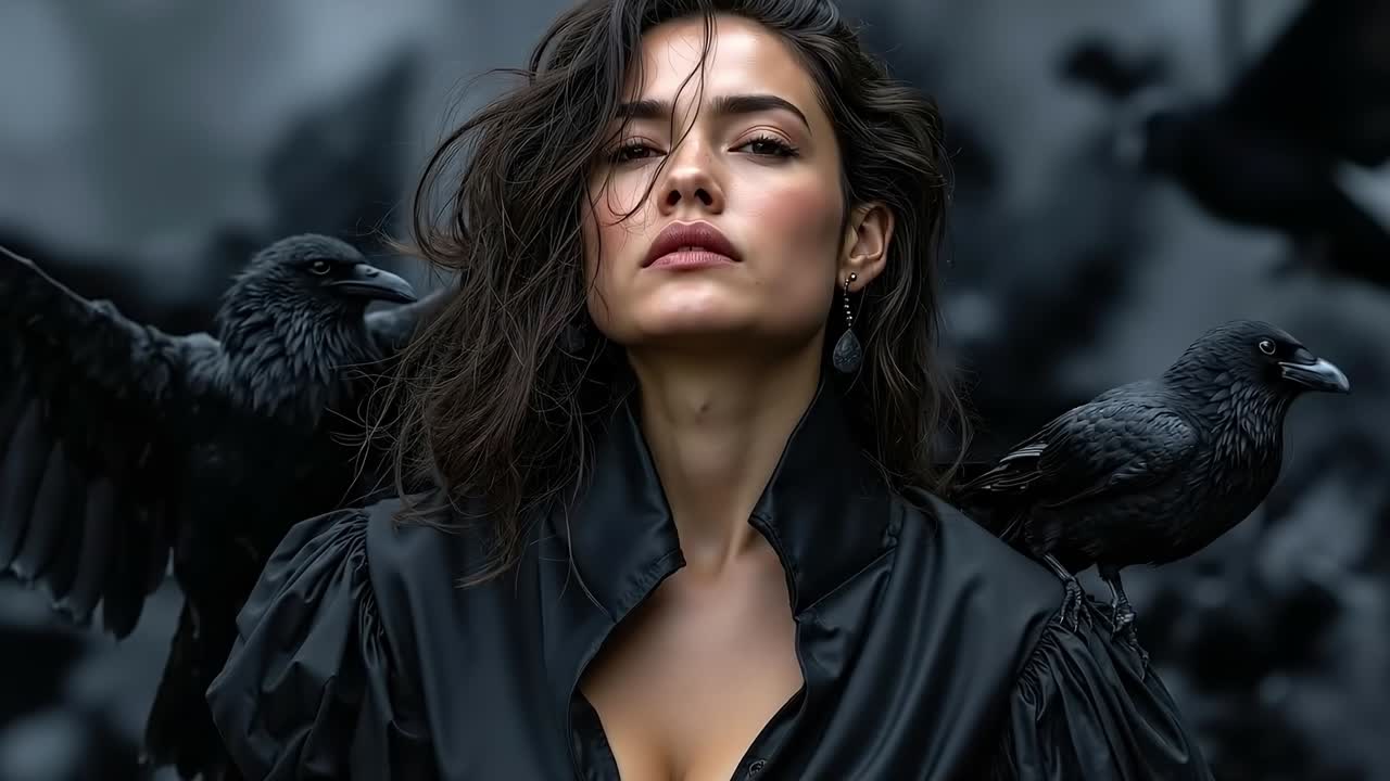 A woman in a black shirt with crows on her shoulder