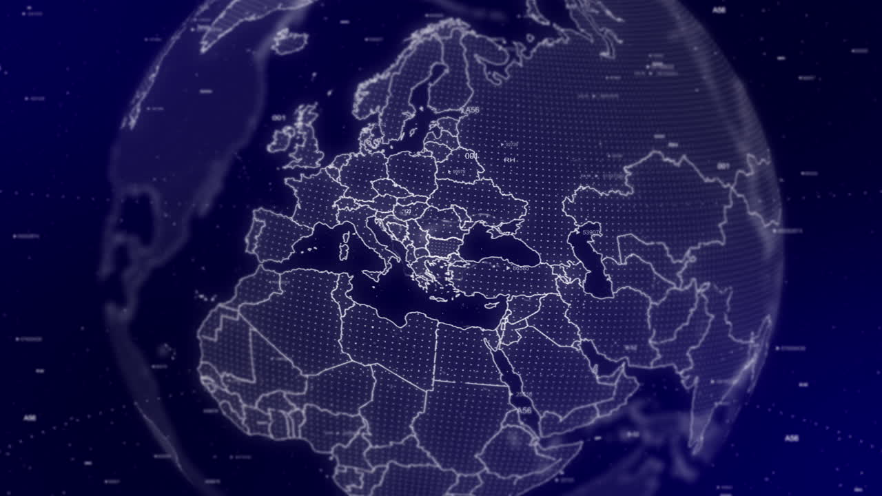 кинематографический видео фон демонстрирует цифровой глобус, вращающийся, приближающийся к стране болгарии