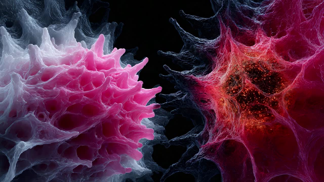 Close-up of Colorful Cellular Structures: A Detailed Look at Pink and Red Microbial Entities Interacting in a Virtual Environment, Showcasing Their Intricate Textures and Features