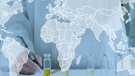 animation of world map over caucasian male scientist in laboratory