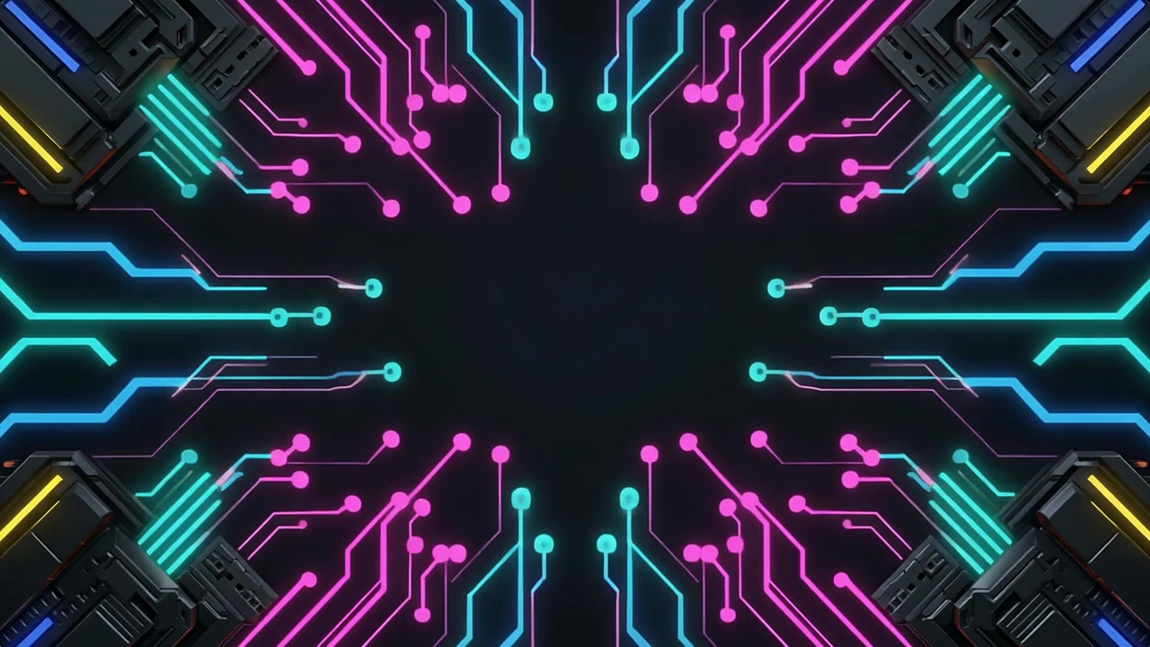 Futuristische digitale Leiterplatte mit leuchtenden Neonlinien