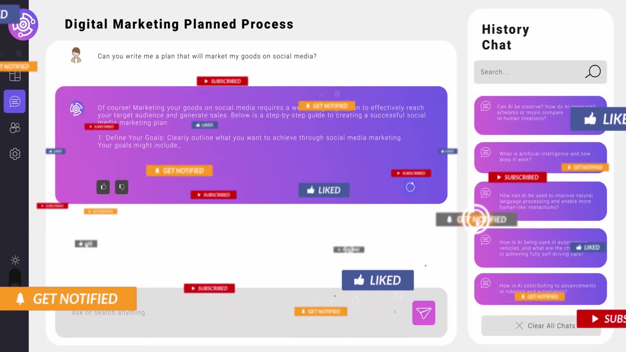 Animation of media icons and ai chat on white background