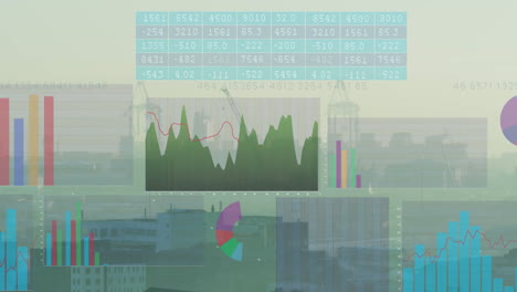 animation of financial data processing over cityscape