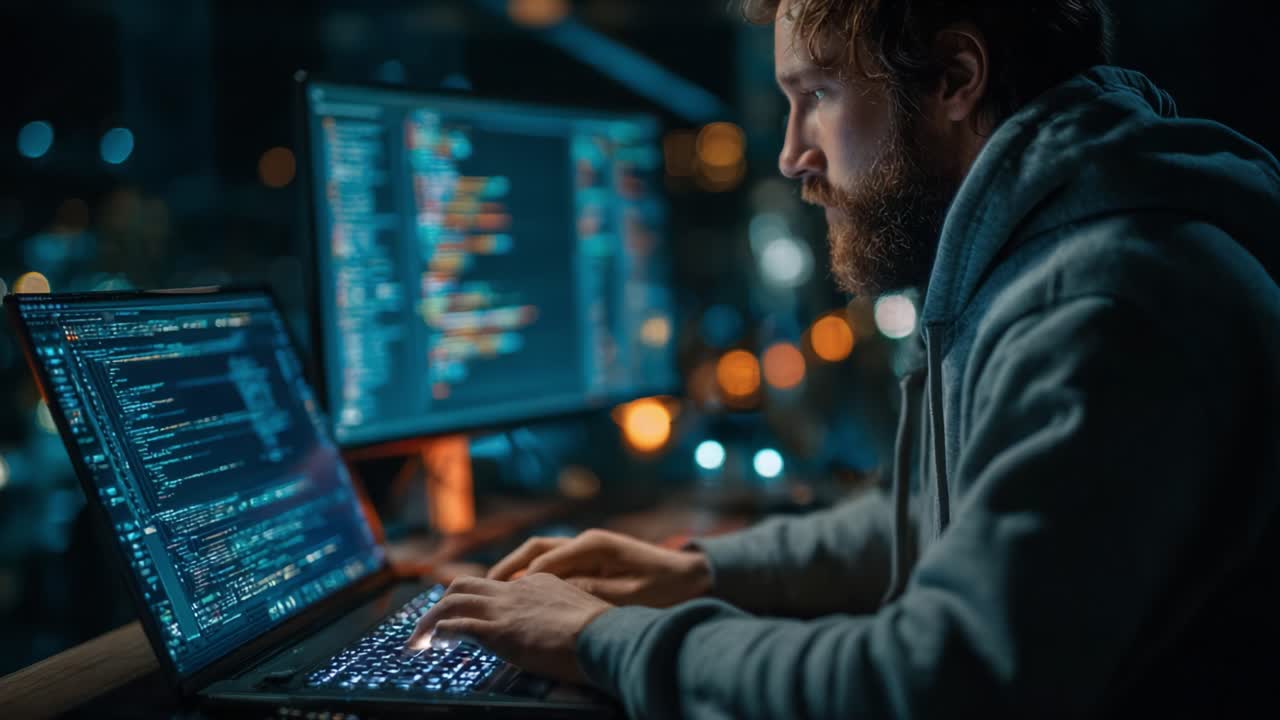 A focused programmer immersed in coding, illuminated by screens displaying complex algorithms and data, evoking a modern, tech-driven atmosphere at night
