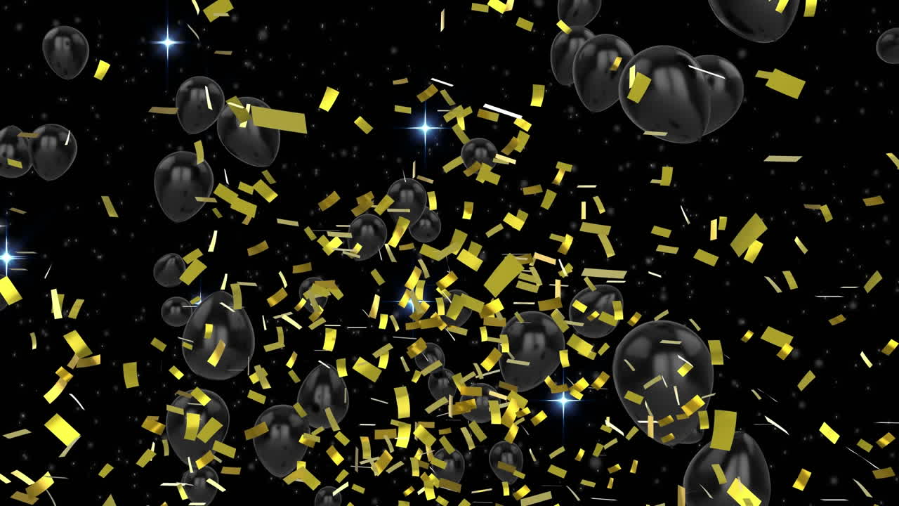 Animation of confetti falling and black balloons flying on black background