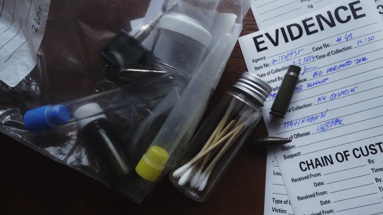 Primo piano di una mano che posiziona un bossolo spento tra le prove investigative, rafforzando i temi dell'analisi forense, delle indagini penali e della narrazione true crime.