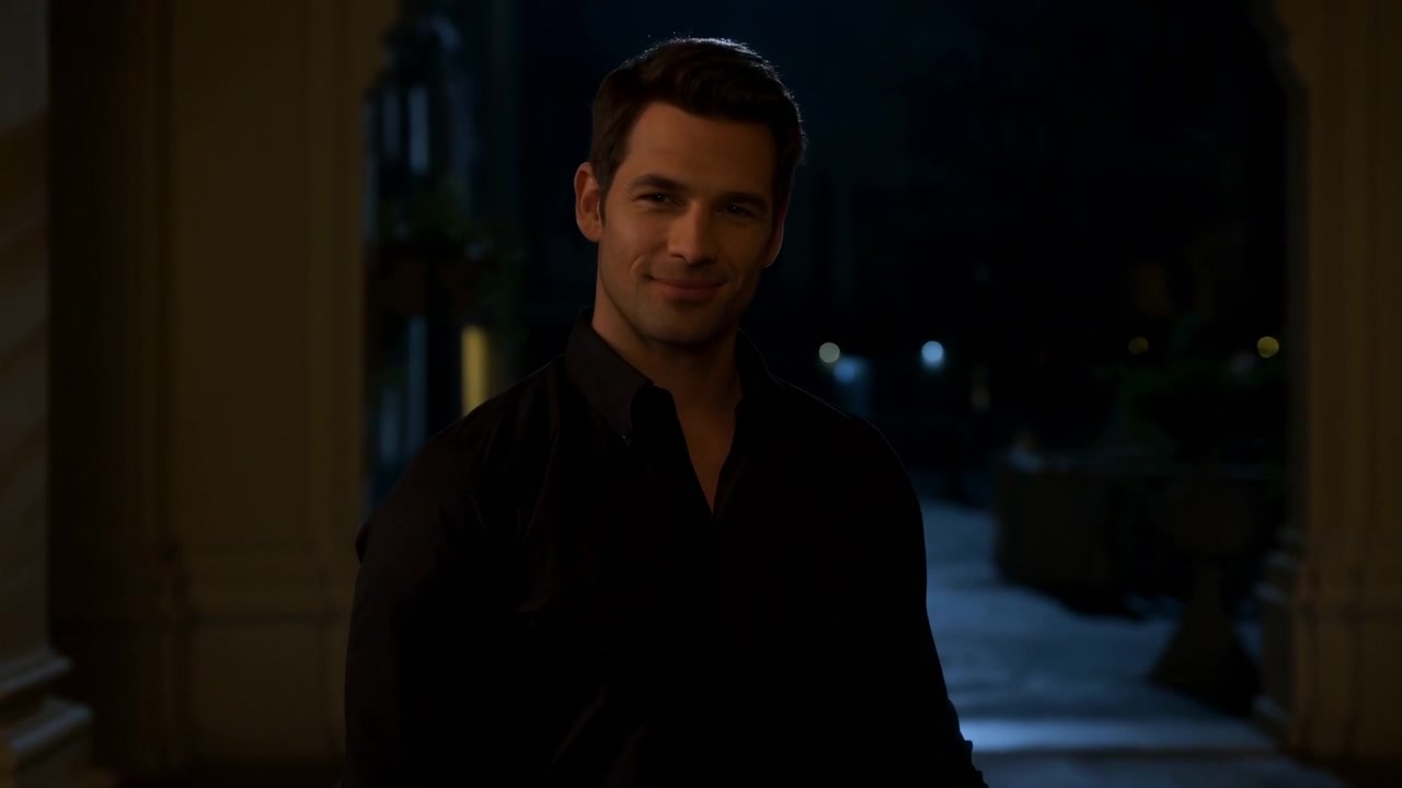Handsome Caucasian Man Standing On Porch Under Warm Column Lighting, Wearing Black Shirt, Slight Smile,