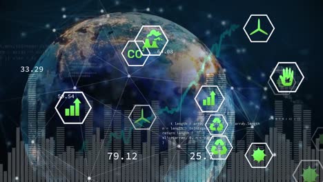 animation of eco icons and data processing over globe