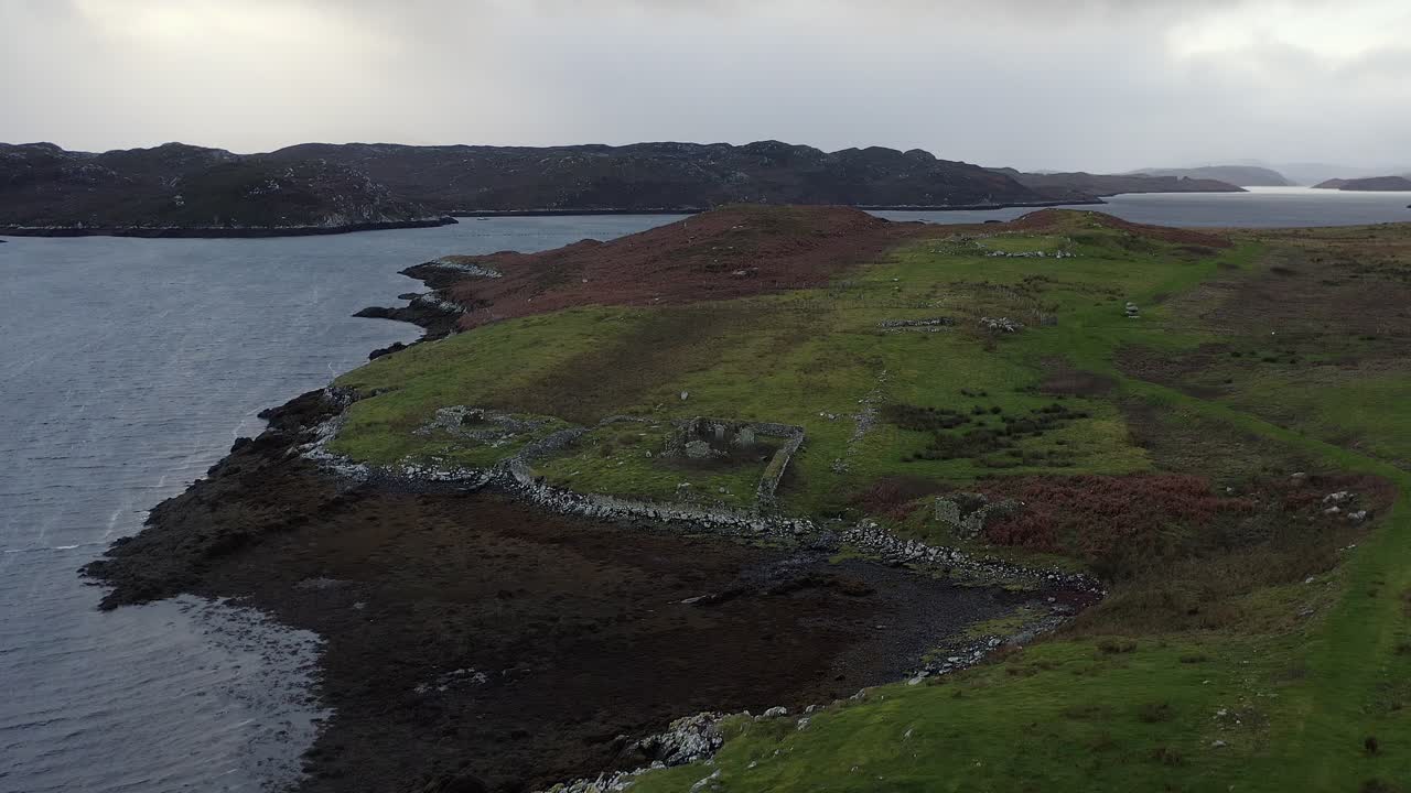 Aerial shot of the ruined monastery on St Columba's island in the Hebrides