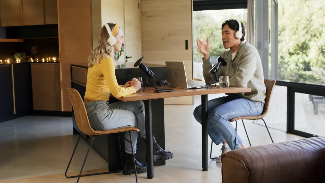 Testing microphones, Co-hosts alternating speaking and gesturing while recording podcast at home