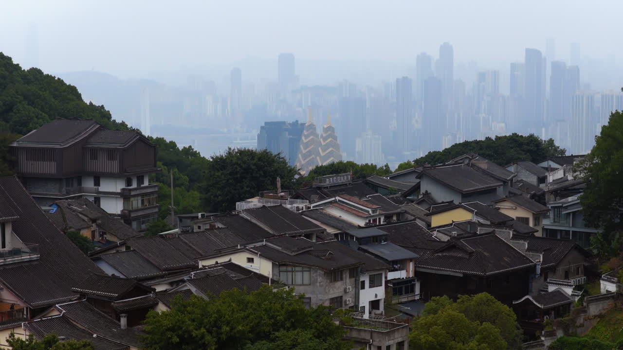 Misty Landscape Of Nan'an And Yuzhong District From Huangjueya Old Street In Chongqing, China. - aerial ascend shot