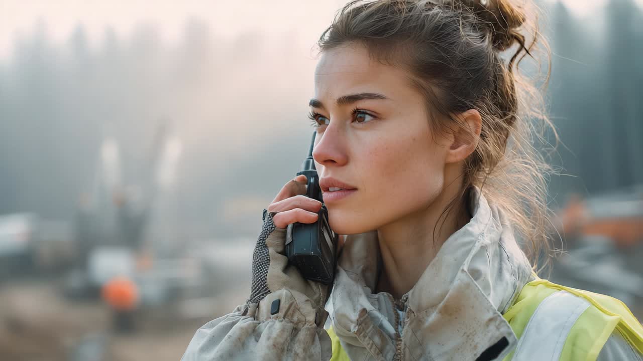 Donna con walkie-talkie in un cantiere edile