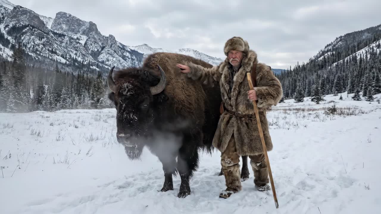 Homem de casaco de pele acariciando um bisão em região montanhosa nevada e selvagem