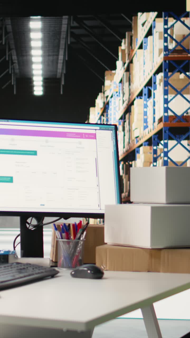 Vertical Video Empty large business supply room overseeing products import export