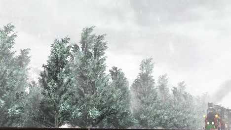 Tormenta-De-Nieve-Sobre-El-Bosque-Y-Tren-Animado-Pasa-Vista-Aérea