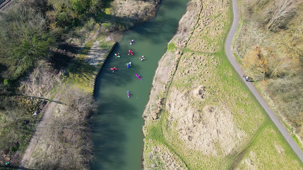 Aerial Drone Footage of Canoeists on the River Stour in Canterbury, England