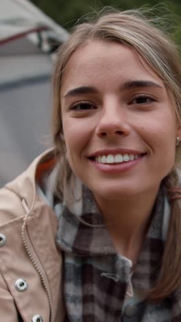 happy woman camping