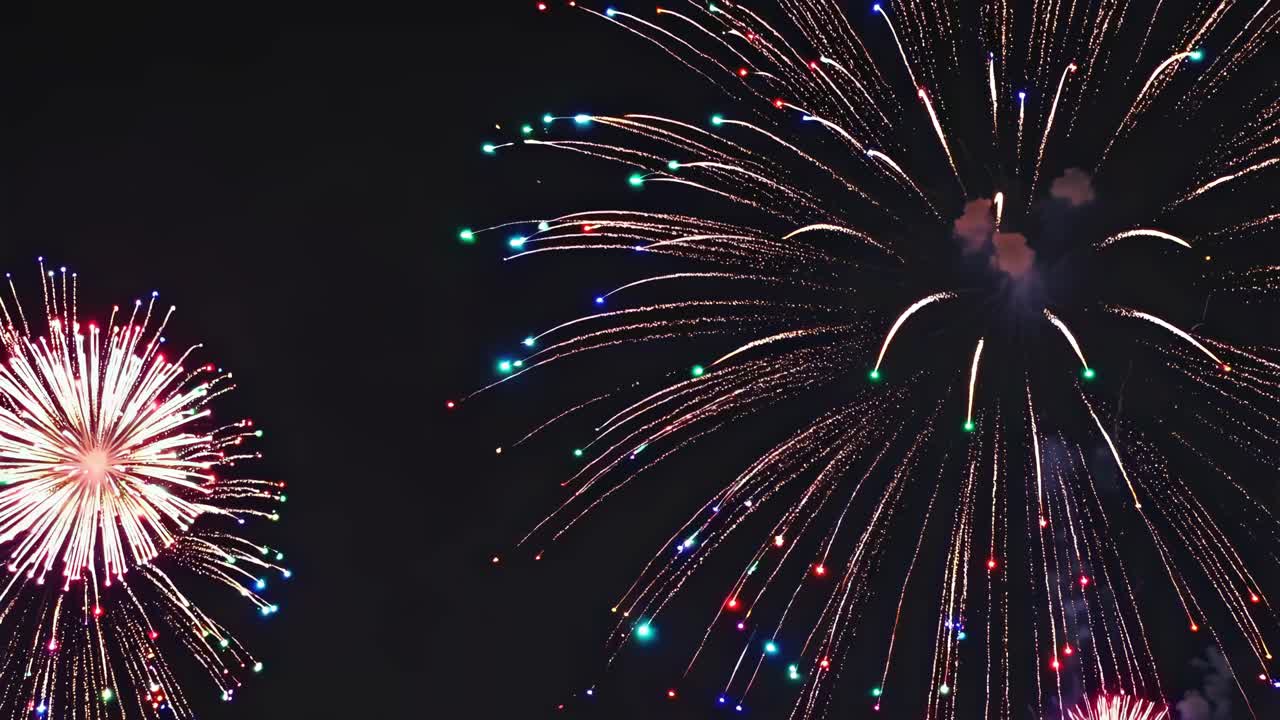 Vibrant fireworks burst against a night sky, captured from a low-angle perspective