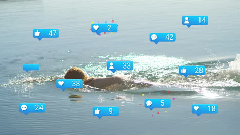 swimming in water, person surrounded by animation of social media notifications
