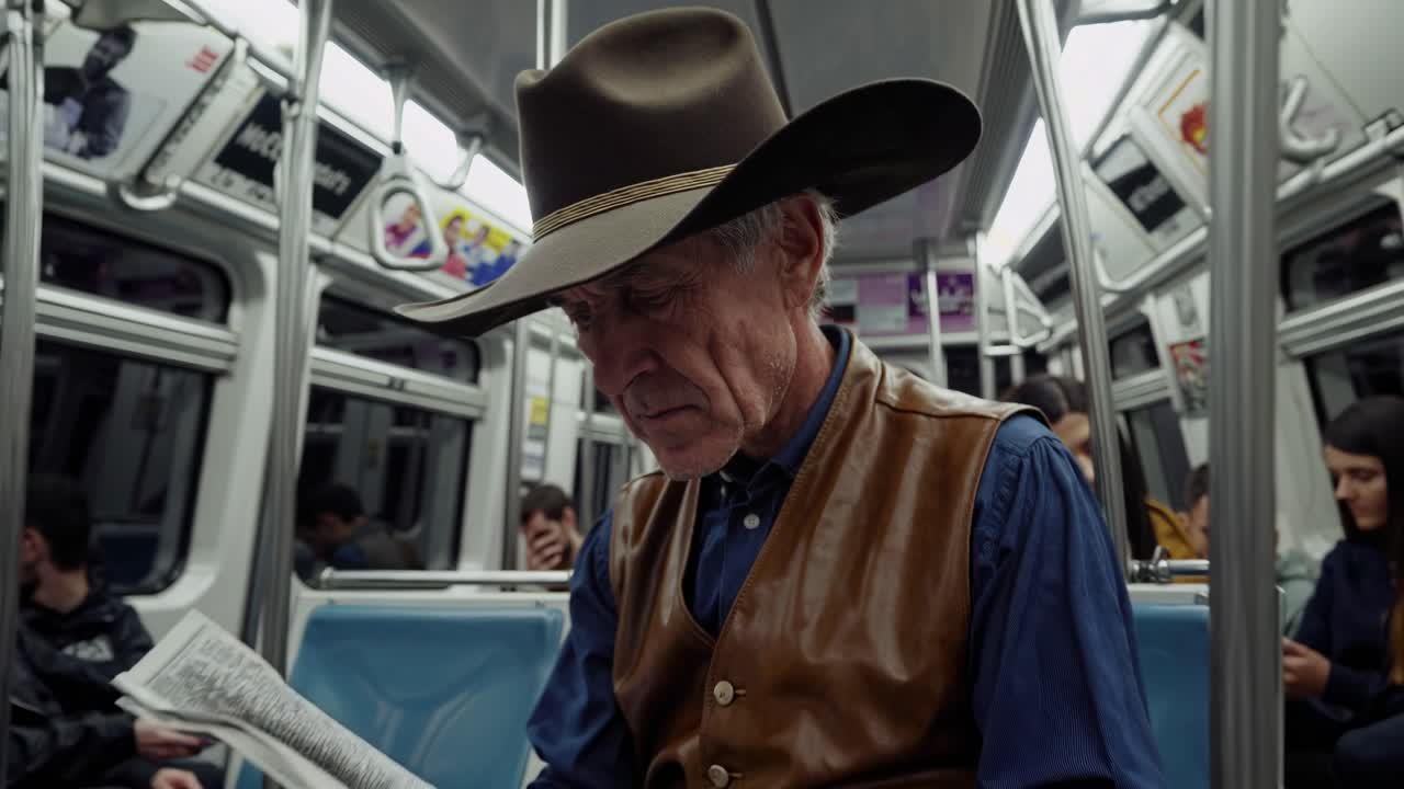 카우보이 모자와 베스트를 입은 노인이 지하철 열차에 앉아 신문을 읽는 데 몰두하고 주변 환경에 무관심해 보입니다.