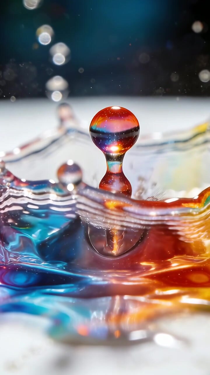 Vertical video: Colliding second droplet pushing colored column on tray, forming crown and ripples
