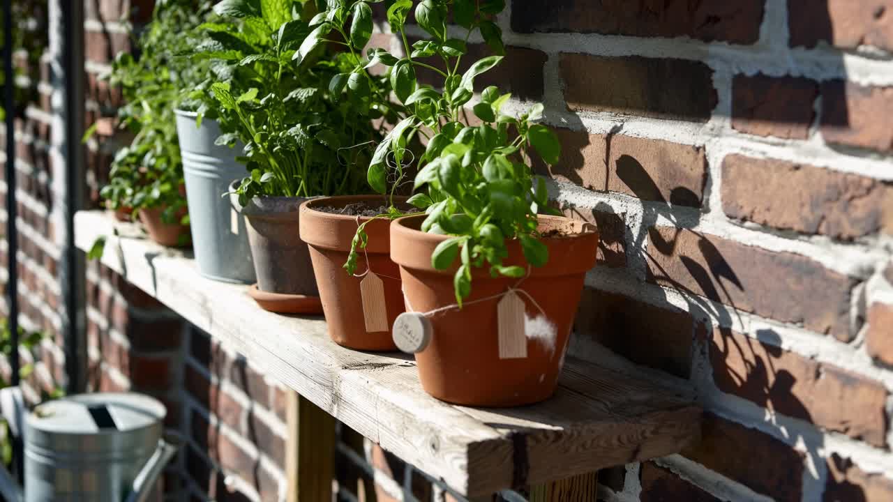 Clay pots with labels containing aromatic herbs such as basil and mint, placed on a wooden shelf in a balcony garden, creating a cozy and fragrant atmosphere