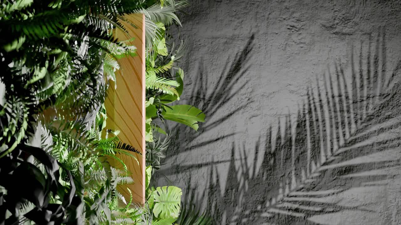 A Wooden podium surrounded by tropical green foliage with palm leaf shadows on black textured wall. Minimalist product display template. Summer and nature concept. wallpaper.copy space. vertical