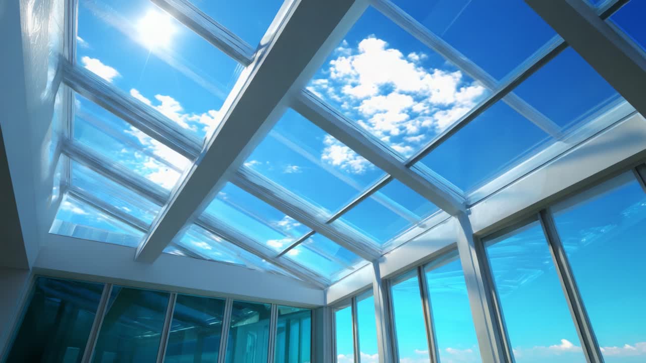A Beautiful Skylight View Showcasing a Vast Blue Sky with Fluffy Clouds Reflected in the Modern Architectural Design of the Room, Highlighting the Transparency and Openness of the Space