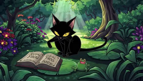 black cat and frog in a forest setting