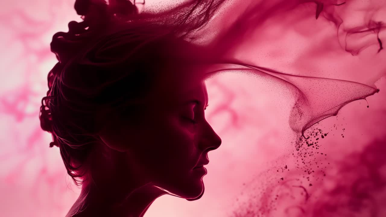 Vibrant red paint dissolving, swirling around elegant woman's profile against pristine white background, creating mesmerizing abstract fluid movement and artistic visual composition