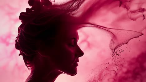 vibrant red paint dissolving, swirling around elegant woman's profile against pristine white background, creating mesmerizing abstract fluid movement and artistic visual composition