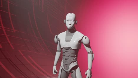 robot humanoide prototipo de inteligencia artificial fábrica de pie en el fondo rojo moviéndose lentamente probando nueva tecnología