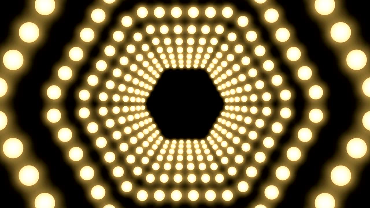 Tunnel Incandescent light bulb box frame hexagon shape moving pattern, retro 3D virtual style illustration glow in dark background seamless looping animation 4K, with copy space